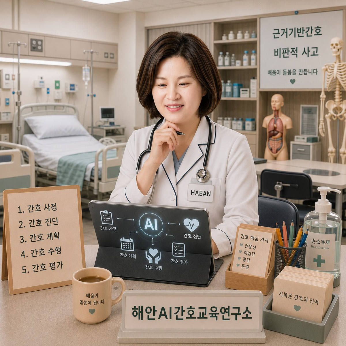 해안AI간호교육연구소 – 태블릿으로 AI 간호과정 자료를 살펴보는 간호 교육 장면